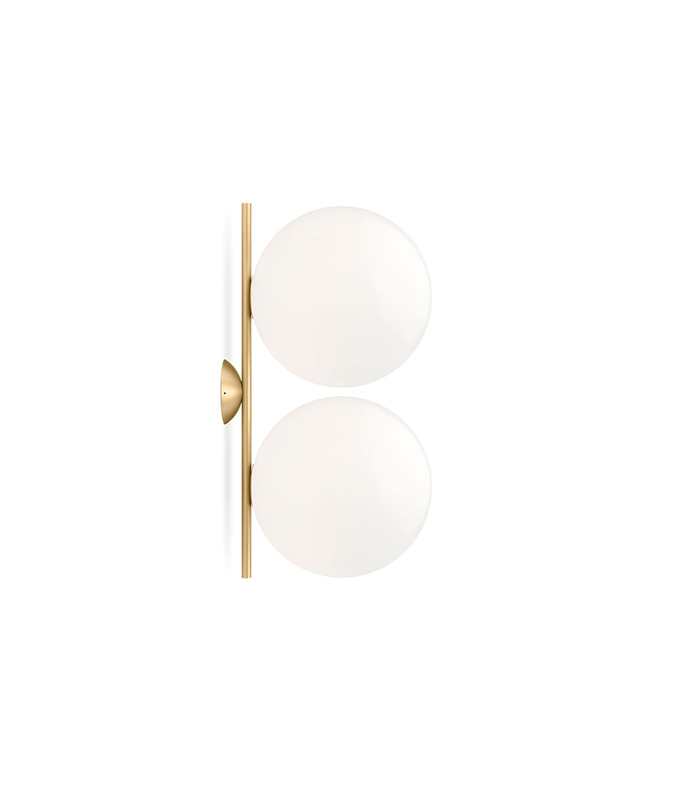 Flos IC Lights Double Ceilng/Wall Sconce. Two opaque glass spherical diffusers mounted to vertical brass bar.