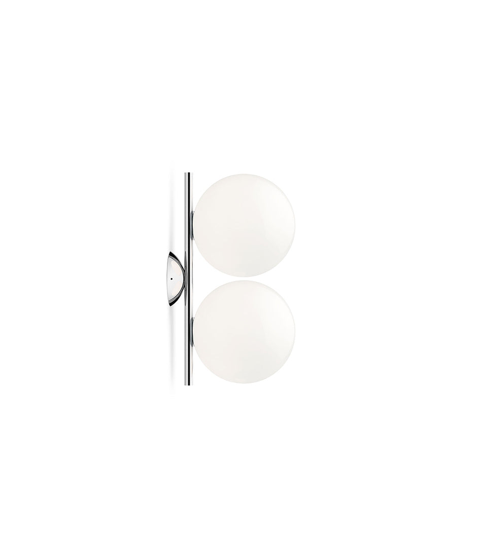 Small Flos IC Lights Double Ceilng/Wall Sconce. Two opaque glass spherical diffusers mounted to vertical chrome bar.