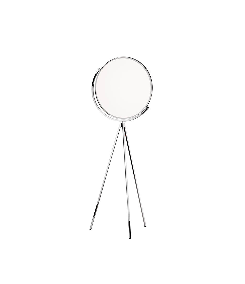 Flos Superloon floor lamp. Large circular LED light panel on a swivel head, atop a tripod base. Chrome finish.