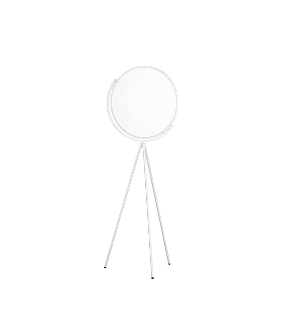 Flos Superloon floor lamp. Large circular LED light panel on a swivel head, atop a tripod base. White finish.
