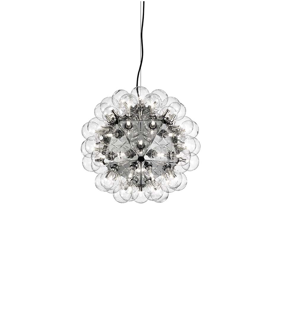 Flos Tarasacum 88 suspension lamp. Naked bulbs set into chrome angular centre block.