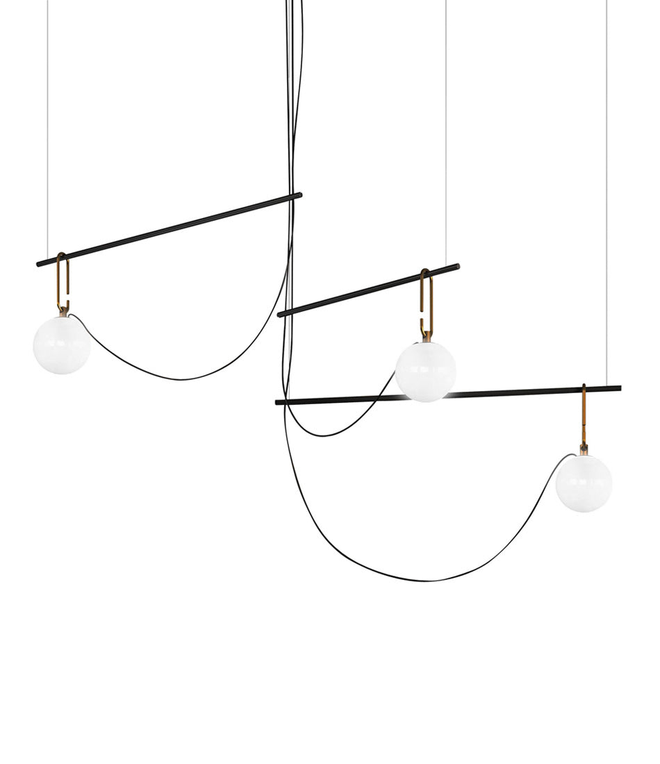 Artemide NH S3 suspension lamp, with three horizontal bars each connected to one glass globe diffuser.