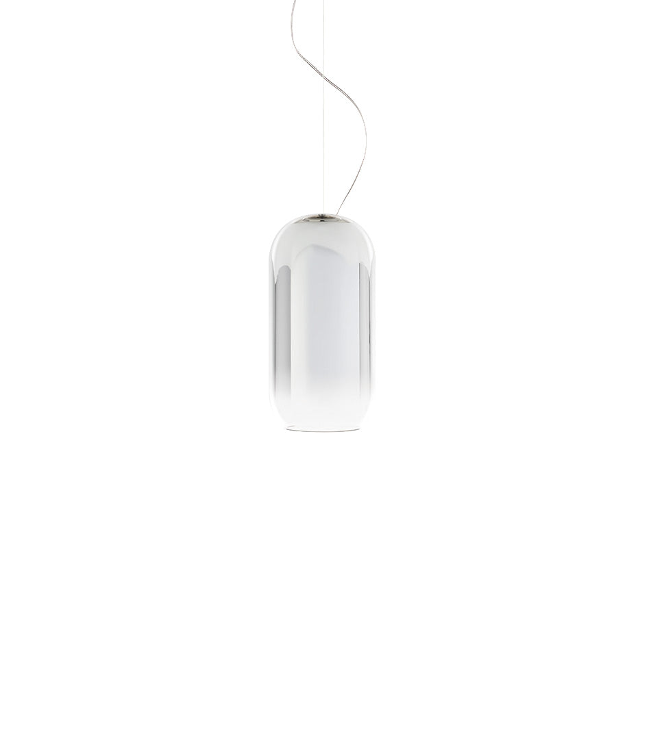 Artemide Gople Mini suspension light, with pill-shaped blow glass shade in gradient silver.
