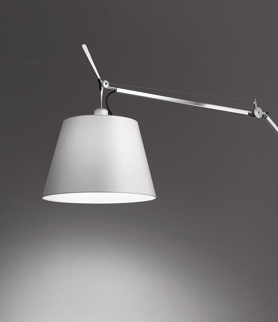 Artemide Tolomeo Mega wall lamp, aluminum arm and silver fibre lampshade.
