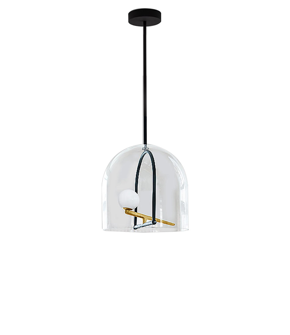 Artemide Yanzi suspension lamp, resembling a bird in a glass cage, a glass dome over curved structure with bird-like light.