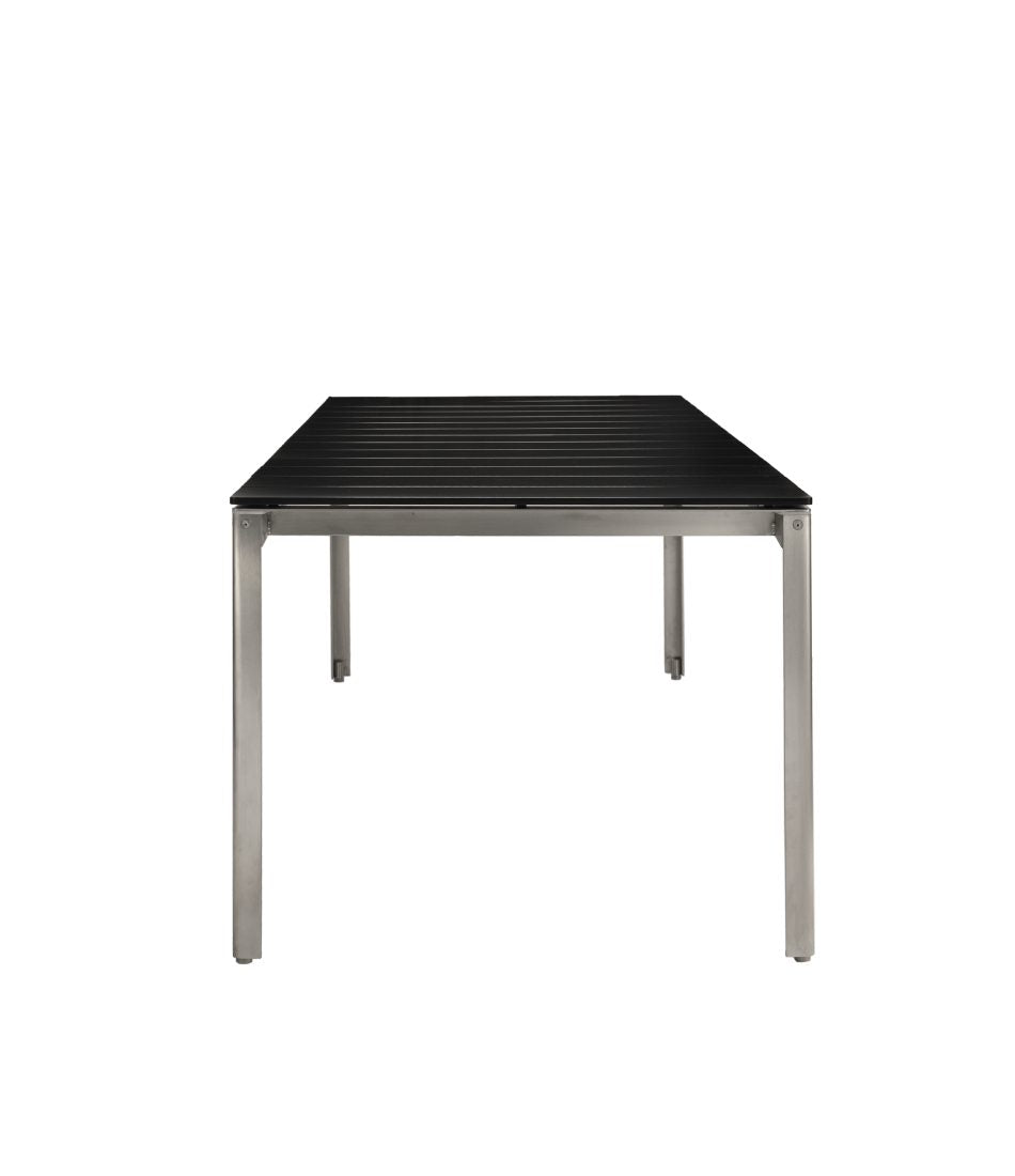 Rectangular dining table with satin stainless steel frame and black polyurethane slat top.