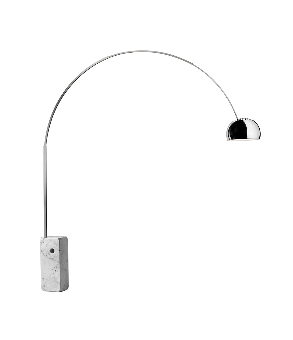 Flos Arco floor lamp. Chrome bowl-shaped diffuser on a broad arched stem, connected to marble block base.