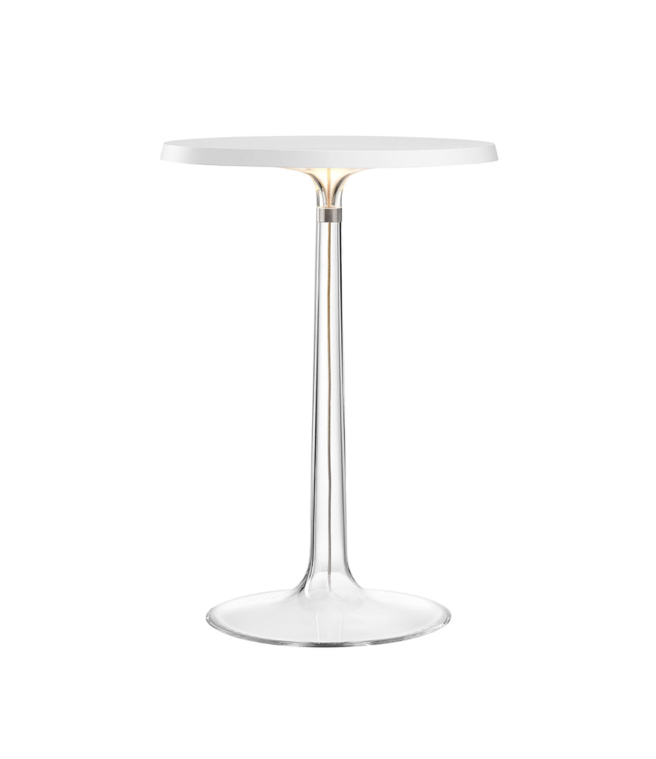 Flos Bon Jour table lamp, with transparent stem and flat disc light diffuser in matte white.