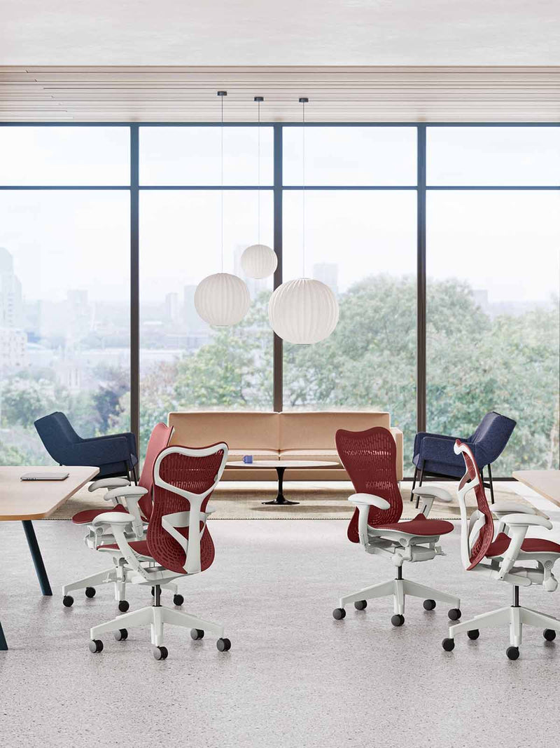 Mirra2 Task Chairs, Nelson Bubble Suspension Lamps in office environment.