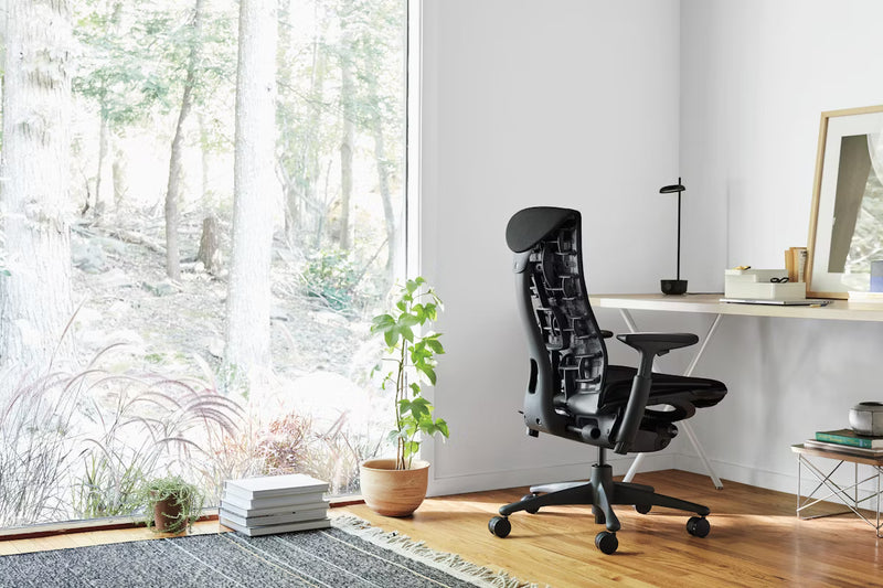 Embody task chair, Nelson X-Leg Table, Eames Wire-base Coffee Table