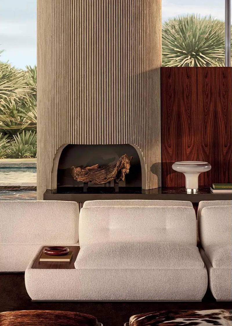 Minotti Supermoon with a fireplace and decorative elements.