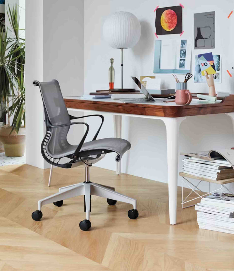 Setu Task Chair, Nelson Ball Lotus Table Lamp, Eames Wire-Base Coffee Table and Airia Desk.
