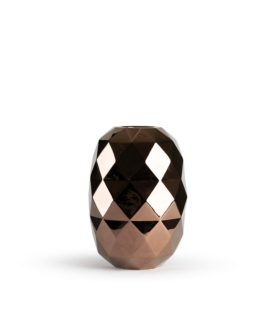 Circular vase in glossy bronze finish, textured in diamond shapes from Bosa Trade.