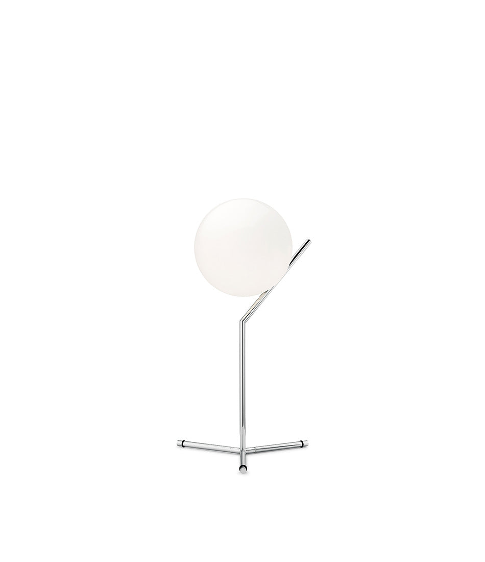 Flos IC Lights T1 High table lamp, with spherical white diffuser attached to angular chrome bar and tripod base.