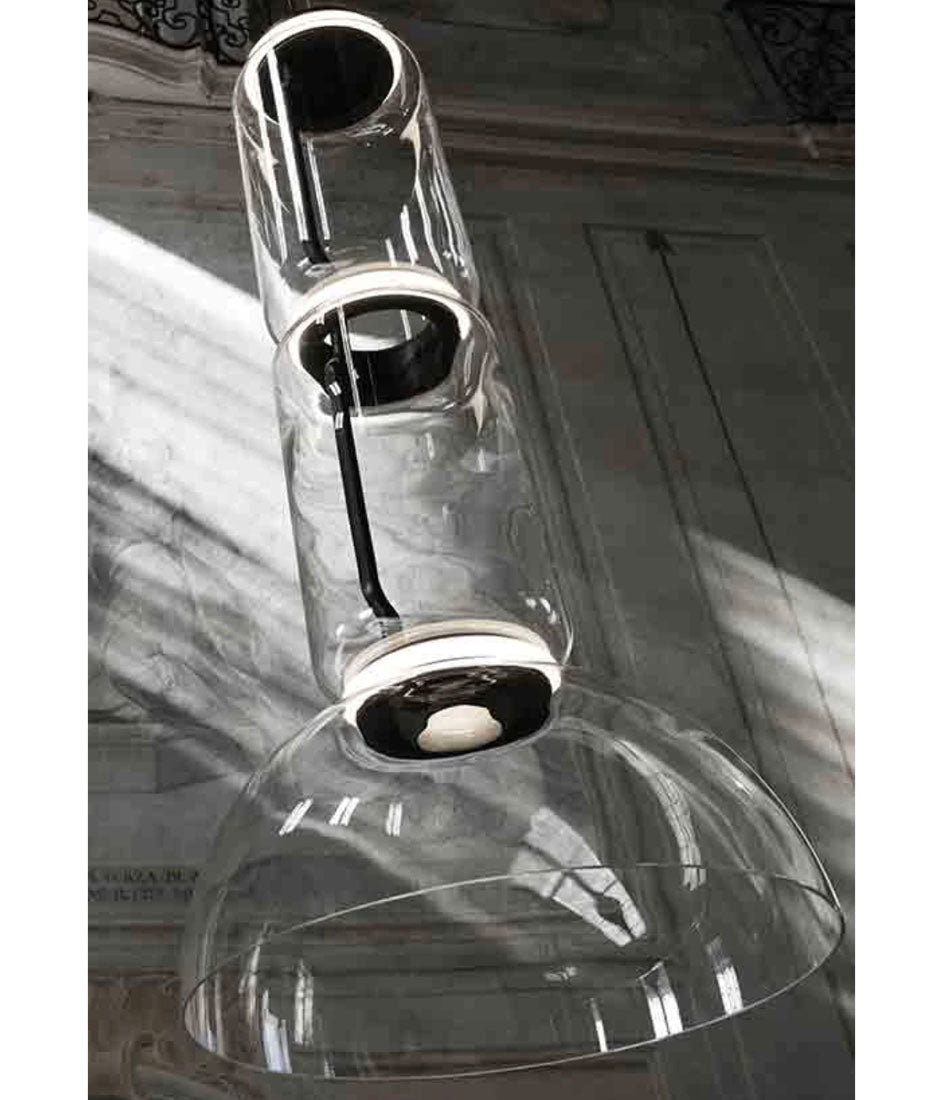 Flos Noctambule suspension lamp, with glass bowl bottom attached to two glass cylinder stem.