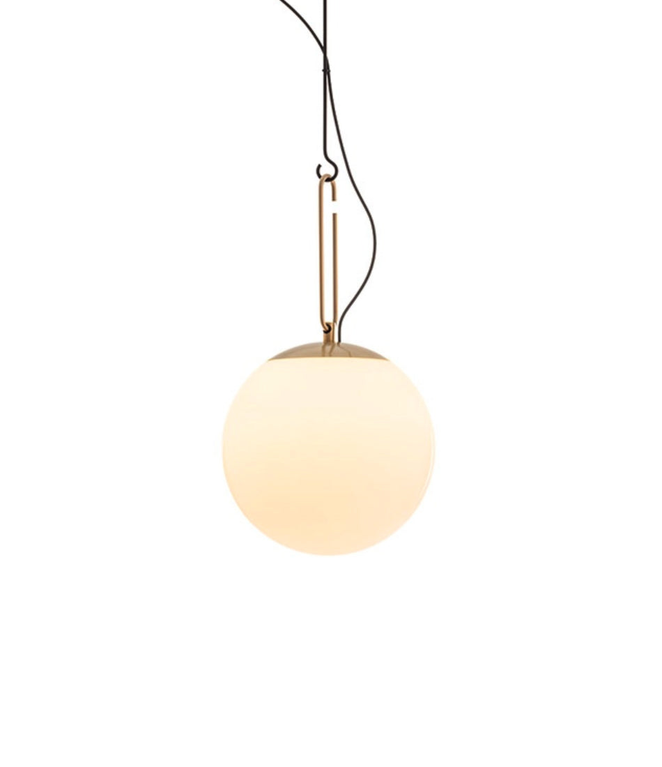 Artemide NH35 suspension lamp, with spherical blown-glass diffuser with brass ring connection.