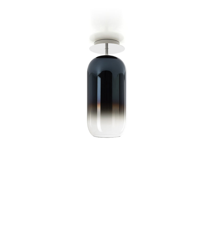 Artemide Gople Mini ceiling lamp, with pill-shaped blown glass shade in gradient blue.