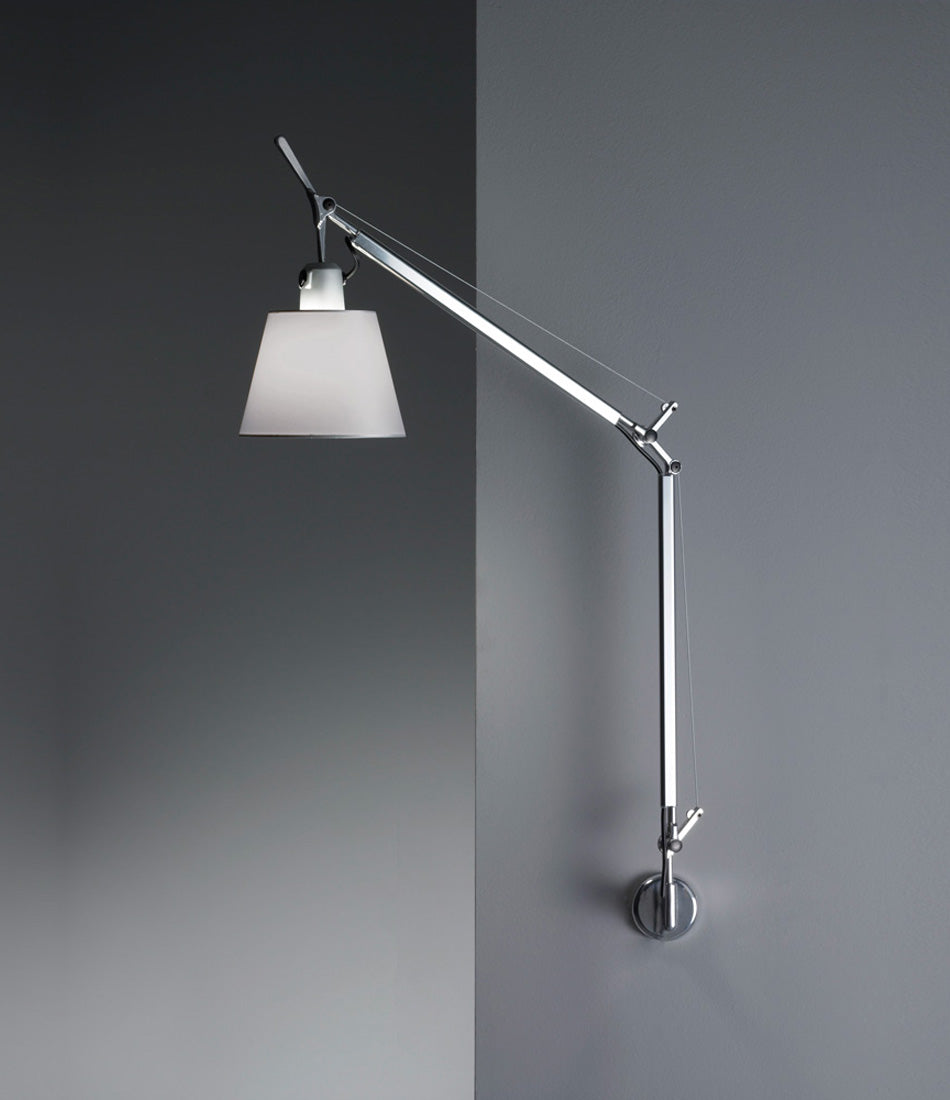 Artemide Tolomeo Shade wall lamp, with double-jointed aluminum stem mounted via J-Bracket, with fabric lampshade.