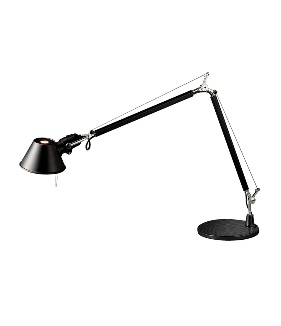 Black Artemide Tolomeo reading lamp, with double-jointed stem and small conical lamp head.