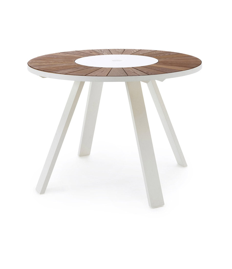 Extremis Pantagruel Hellwood High Table. Round tabletop with outer ring in wood slats, centre in solid white. Four independent legs make up the base.