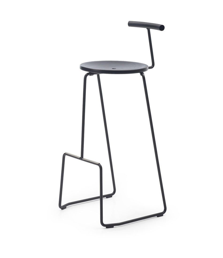 Extremis Tiki Bar Stool, with black circular seat with wire backrest atop a black wire frame.