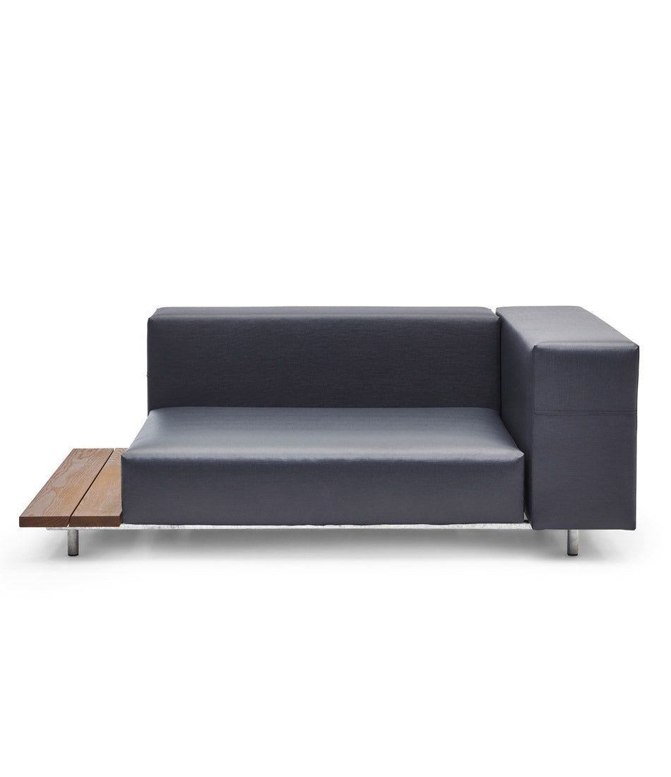 Extremis Walrus seat with armrest and side table, in dark grey and hellwood. 43" cushion.
