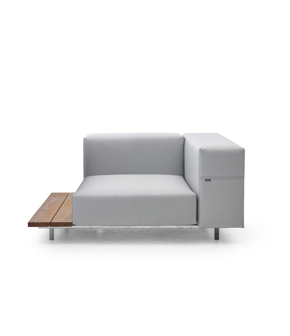 Extremis Walrus seat with armrest and side table, in light grey and hellwood. 32" cushion.