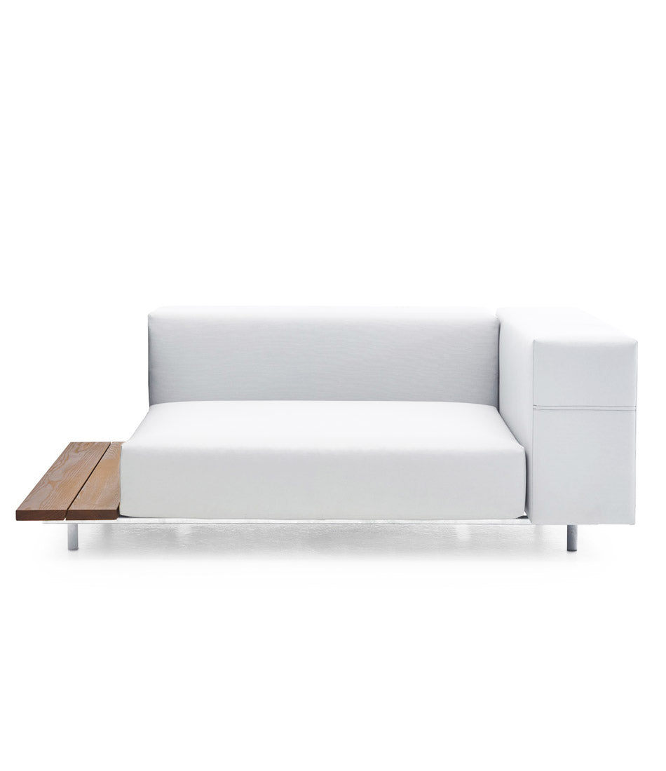 Extremis Walrus seat with armrest and side table, in white and hellwood. 43" cushion.