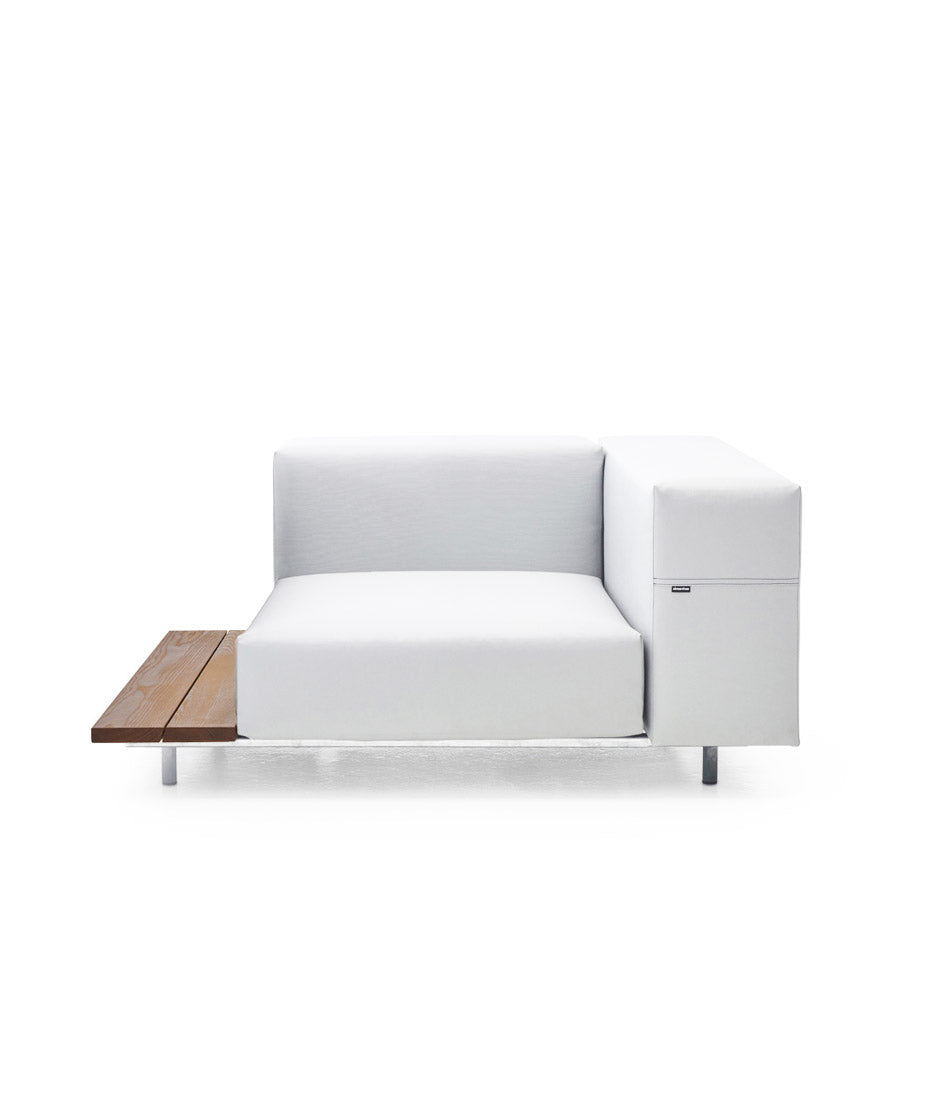 Extremis Walrus seat with armrest and side table, in white and hellwood. 32" cushion.