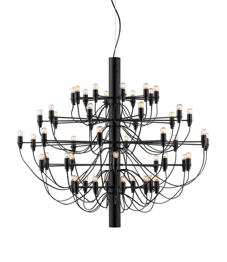 Flos 2097/50 suspension lamp, with black body and multiple arms containing 50 small naked halogen bulbs.