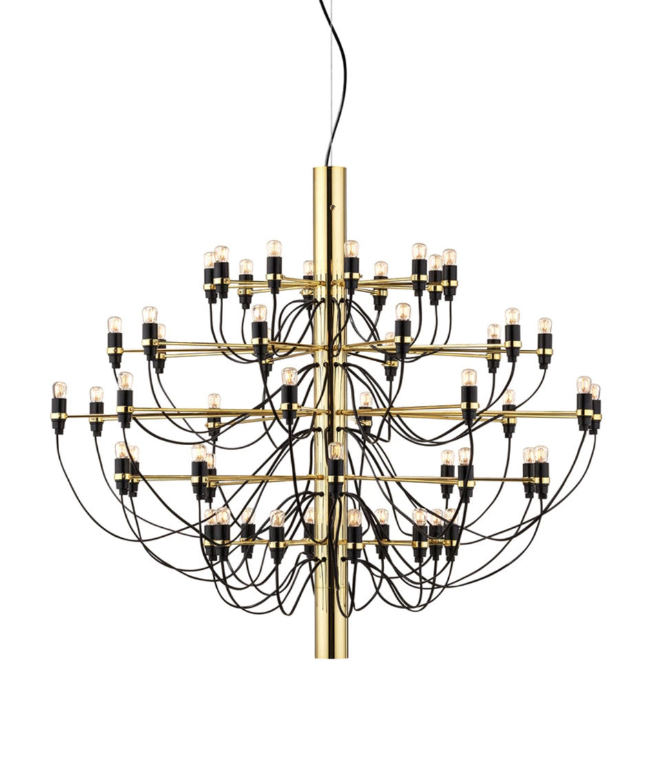 Flos 2097/50 suspension lamp, with brass body and multiple arms containing 50 small naked halogen bulbs.