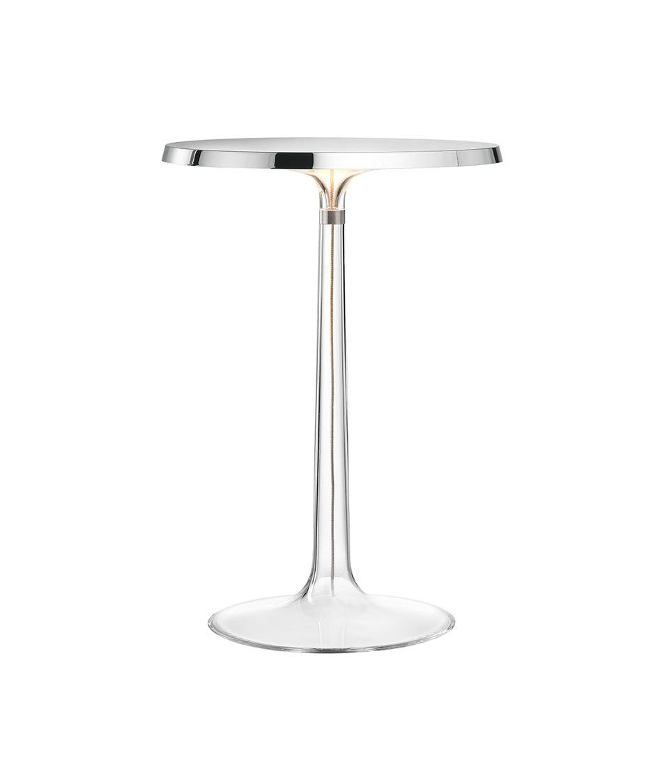 Flos Bon Jour table lamp, with transparent stem and flat disc light diffuser in matte chrome.