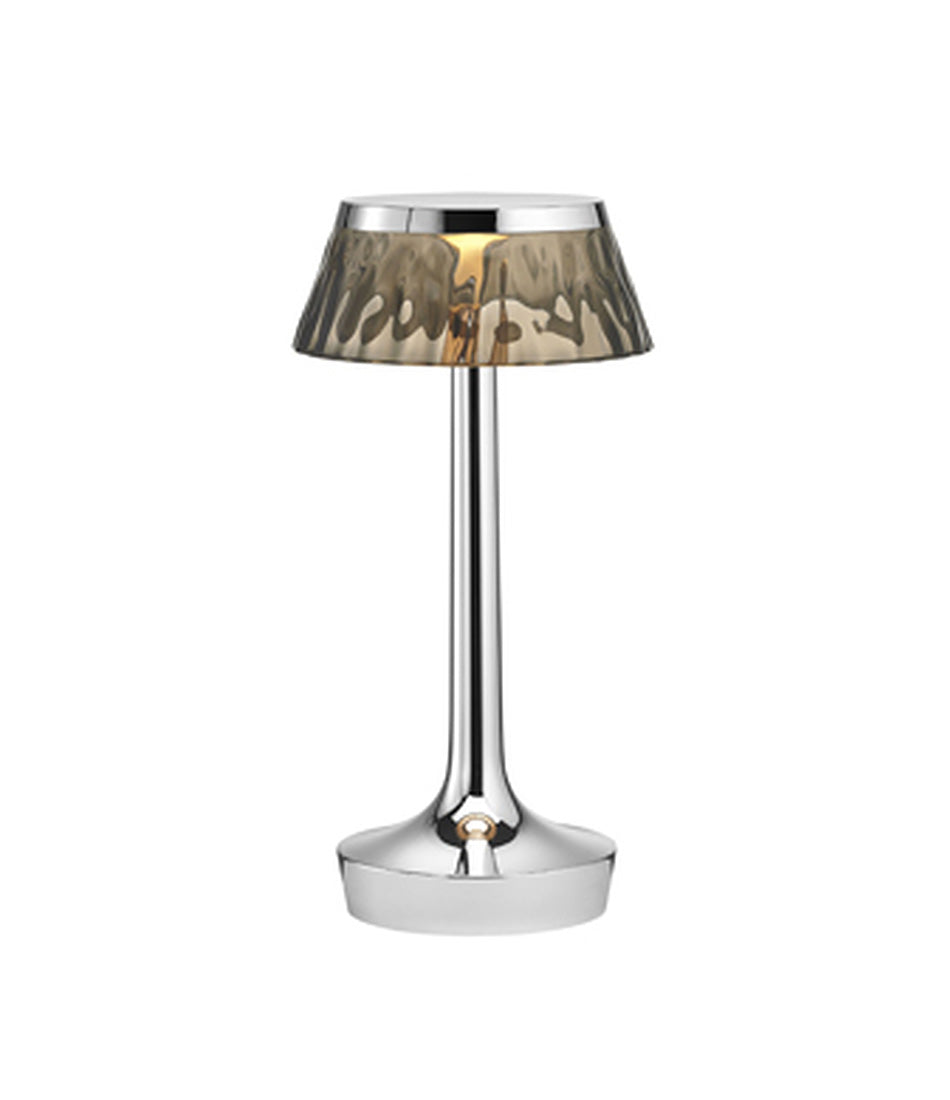 Flos Bon Jour Unplugged portable table lamp, with chrome stem and fumee crown.