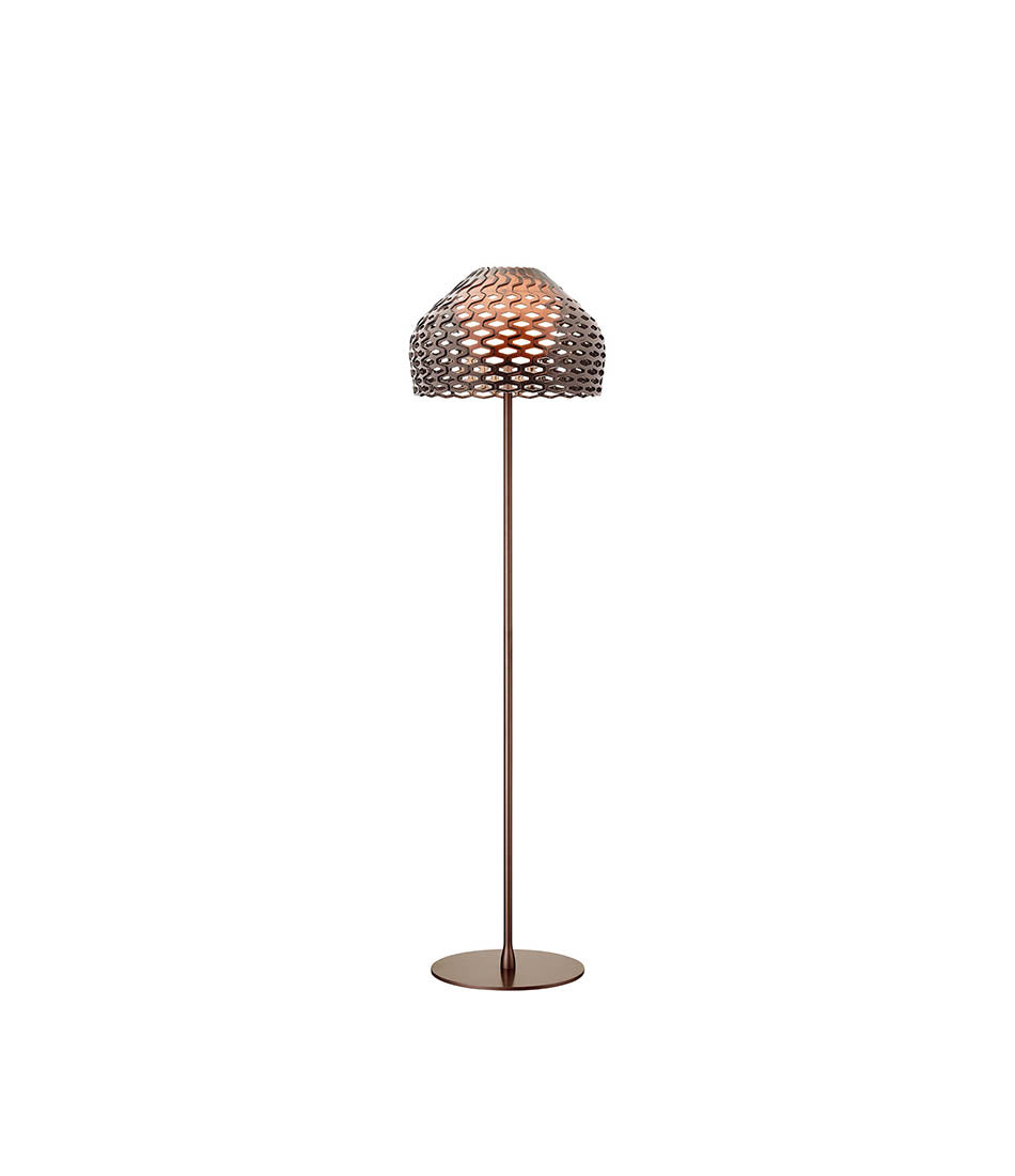 Flos Tatou floor lamp in bronze. Perforated lampshade.