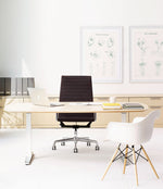 Eames Aluminum Group Executive Chair in Black Leather and Chrome Frame, Eames Wire-Base Molded Plastic Armchair and Sit-to-Stand desk.