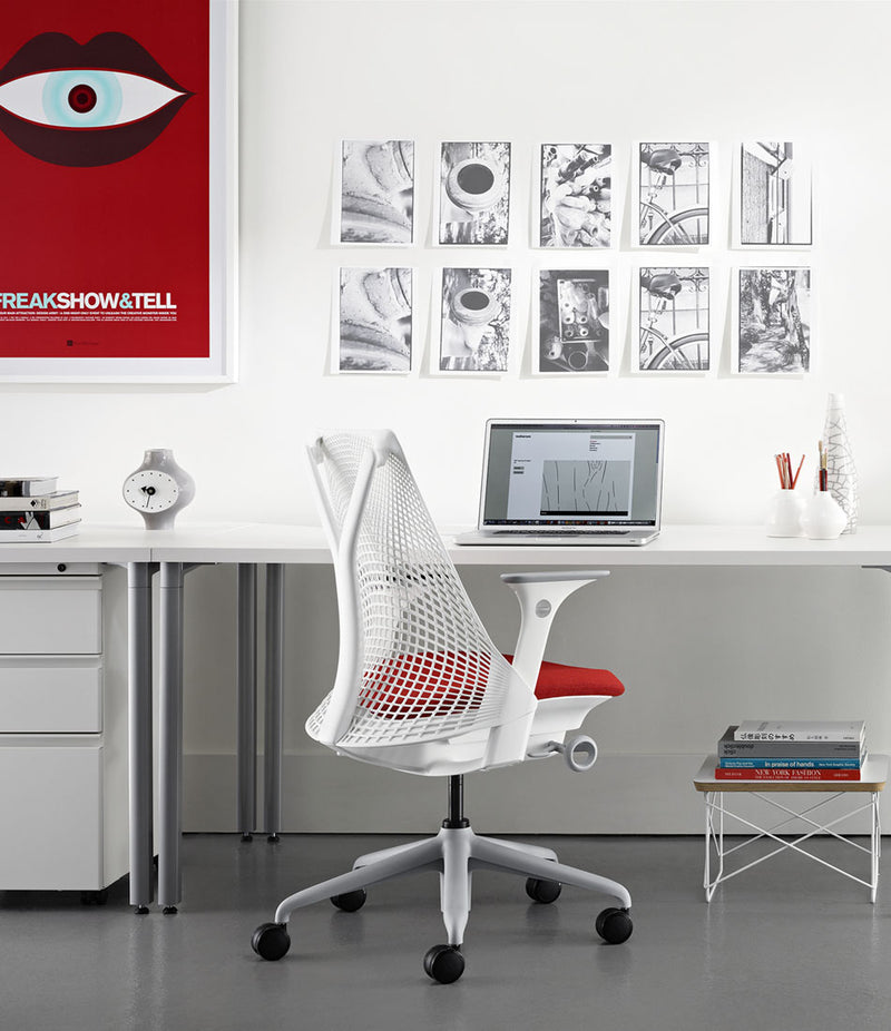 Sayl task chair, OE1 Table, Eames Wire-base coffee table.