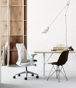 Sayl task chair, Nelson X-Leg Table, Eames Wire-base Molded Plastic side chair.