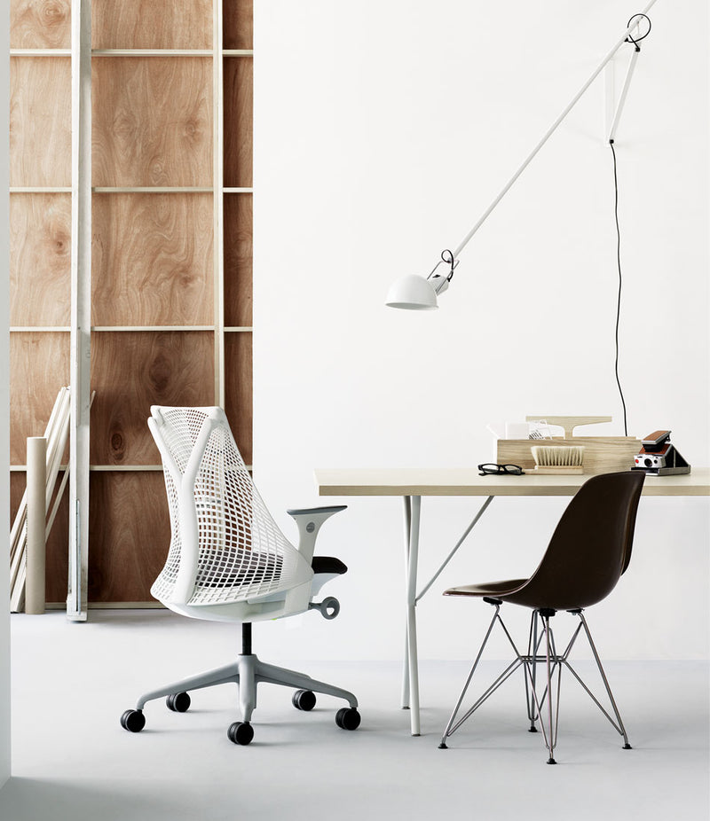 Sayl task chair, Nelson X-Leg Table, Eames Wire-base Molded Plastic side chair.